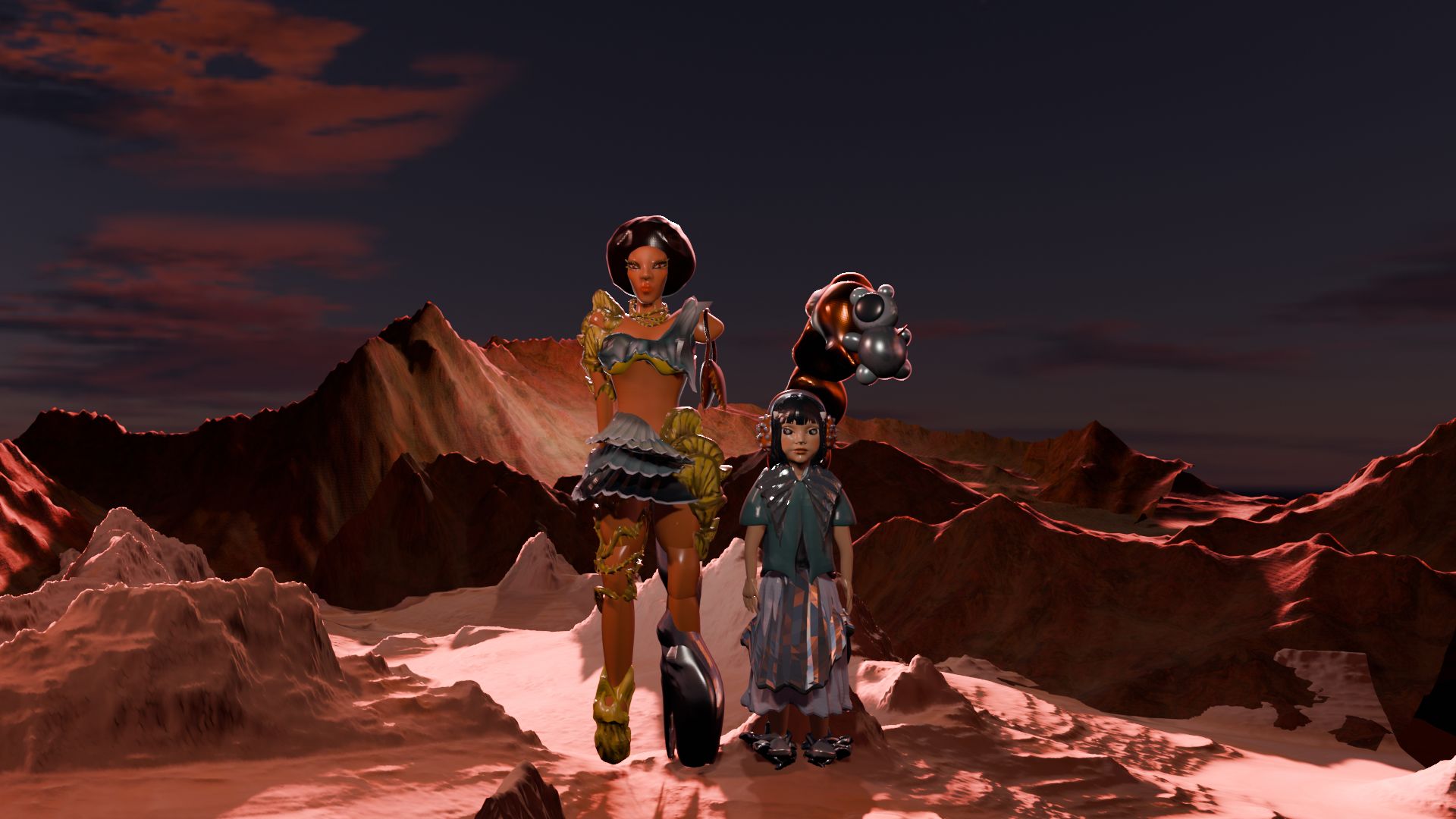 Two figures standing against barren brown landscape