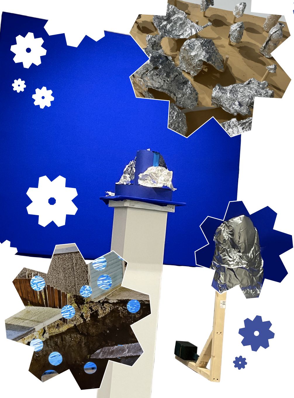 A digital collage of blue, silver and white objects