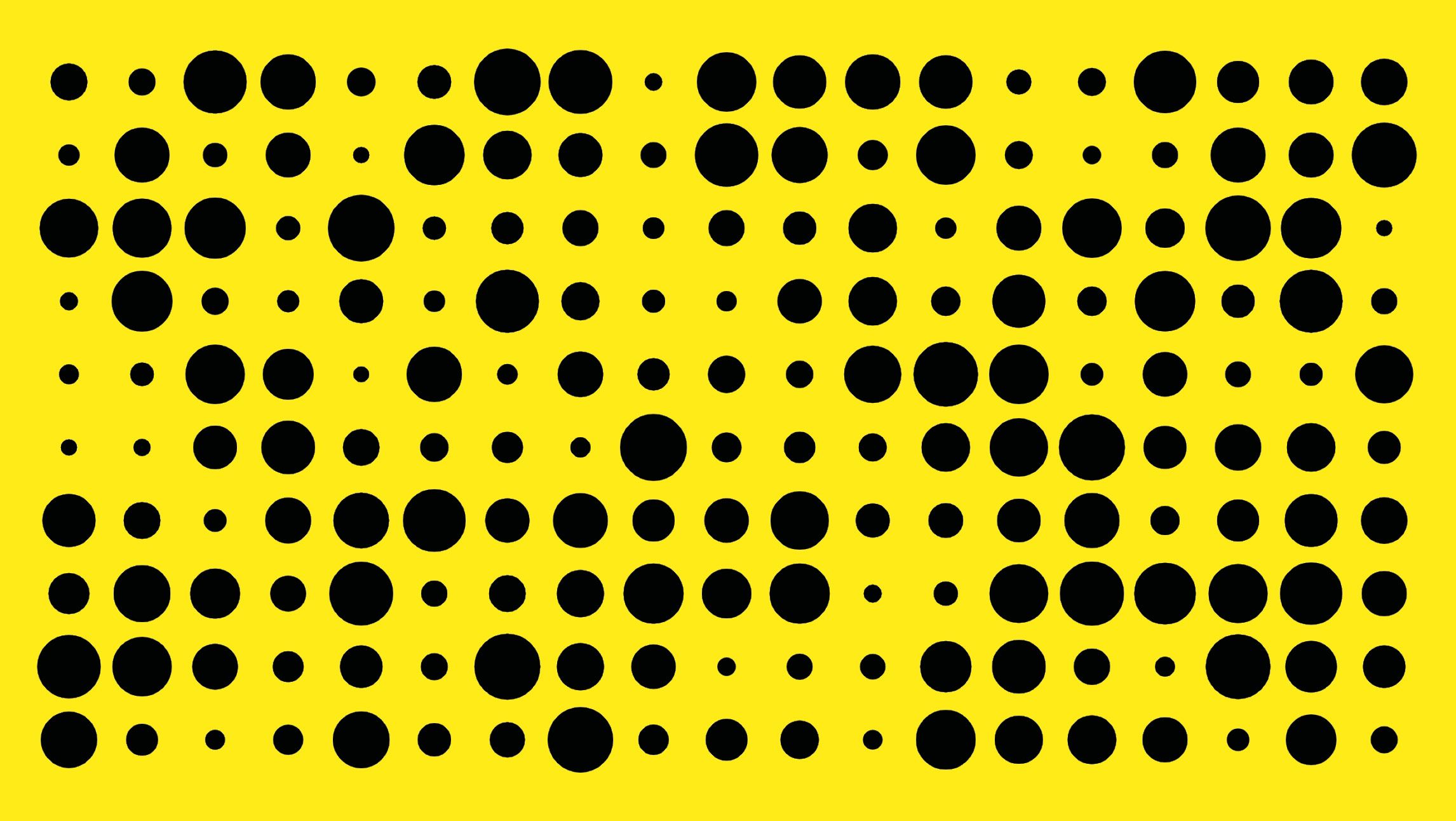Graphic with bright yellow background and various different sized black dots 