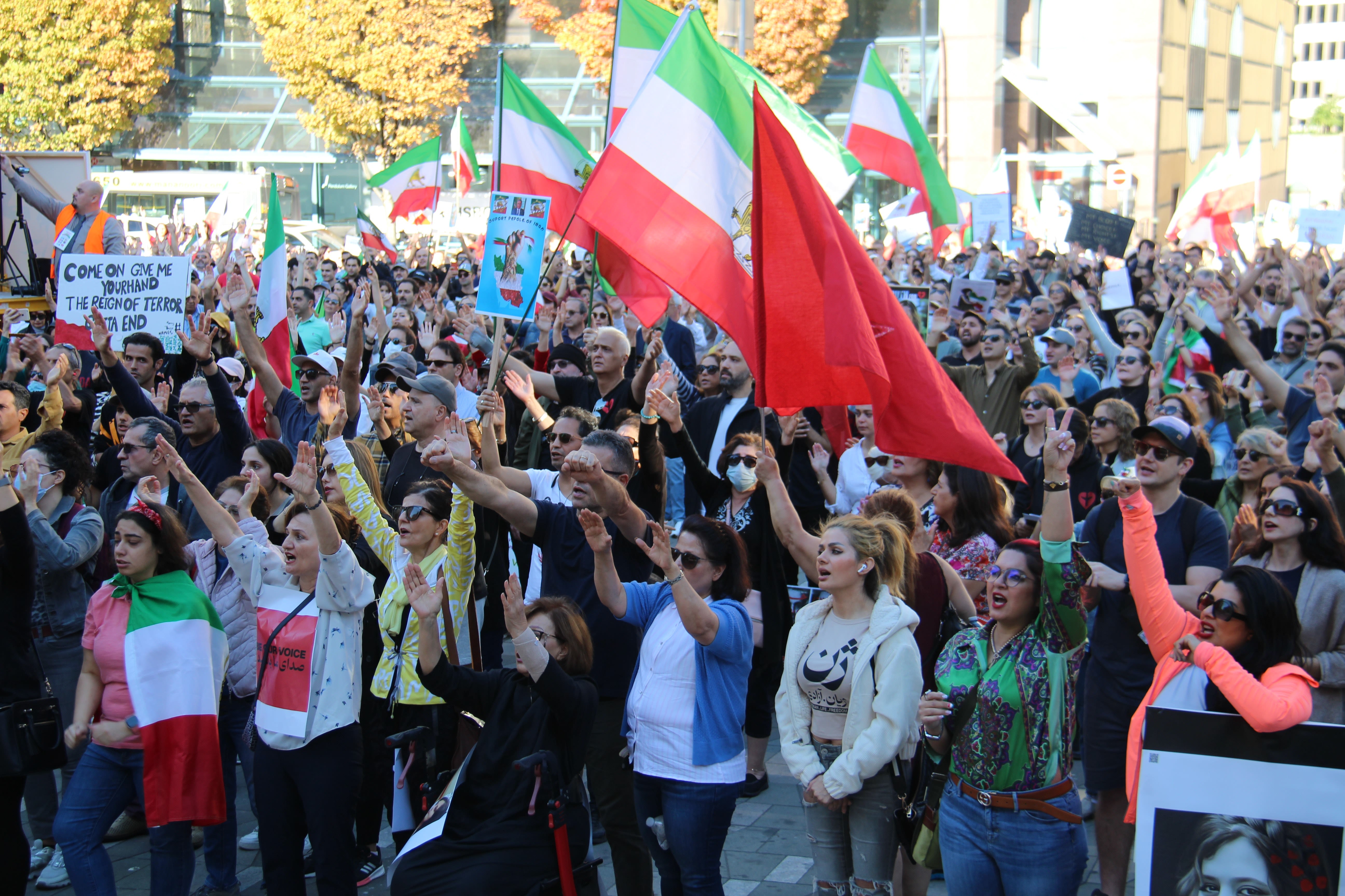 Crowd of People Protesting on Street Holding Flags and Posters