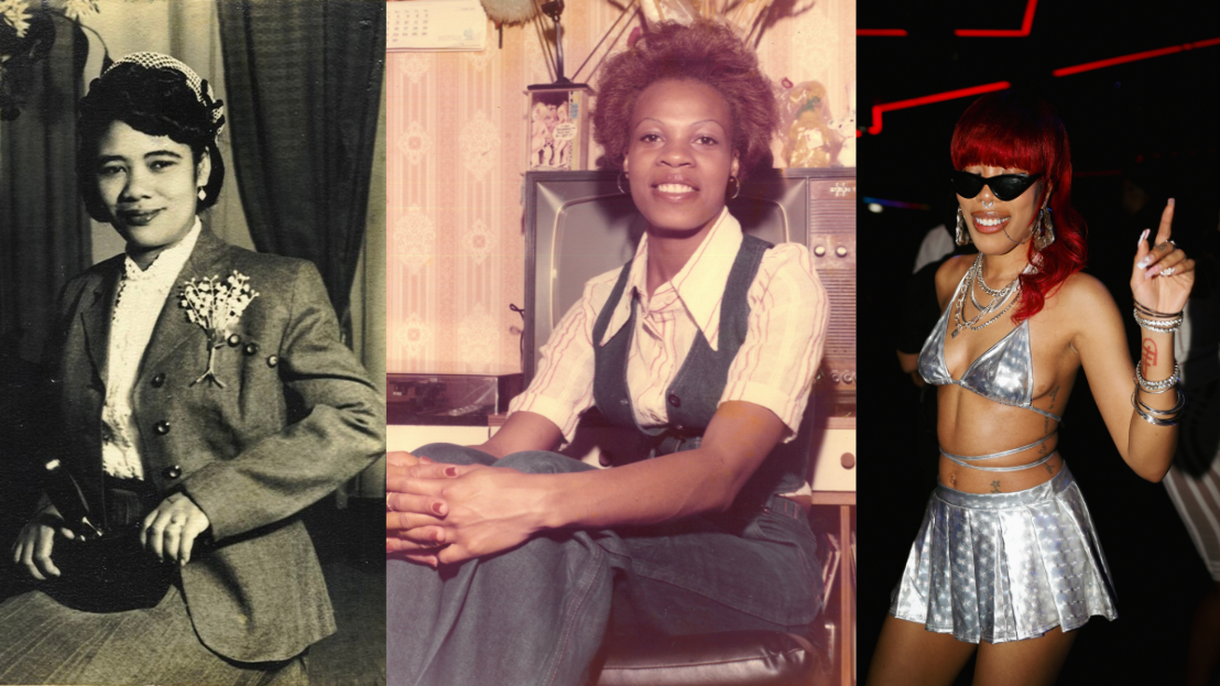 A collage of 3 images. First image of a women in 1956 sitting down in a suit. Second image in 176 a women sitting down in a shirt, jeans waistcoat and pants. Third image in 2023 of a women standing in a party wearing a silver bikini top and marching pleated mini skirt.