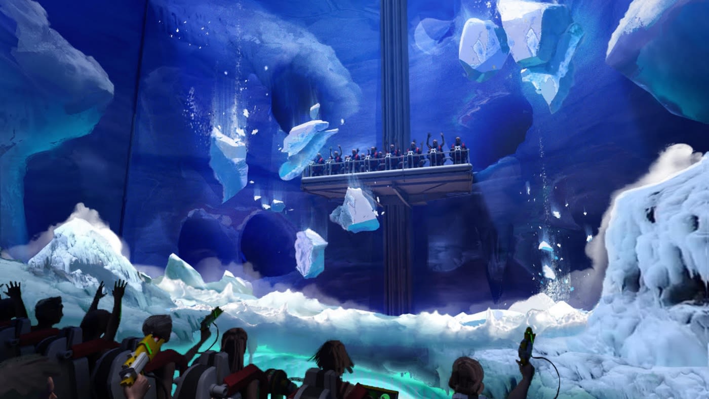 Blue and white CG graphic of a virtual theme park with people playing the games