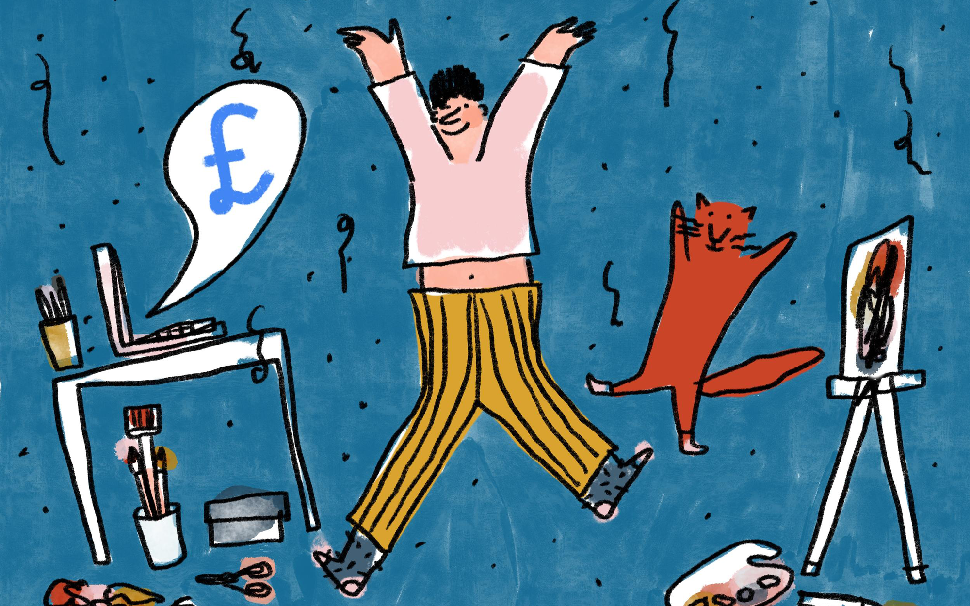 Illustration of person and ginger cat jumping in the air as money notification on laptop appears