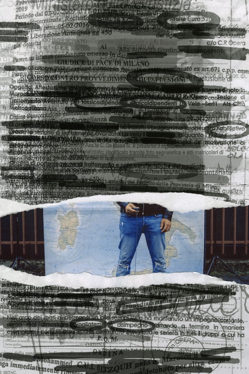 Abstract photo of mans legs with typeface in the background.