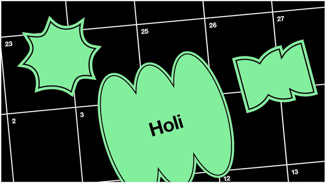 A calendar with a shape over 4 March that reads 'Holi'
