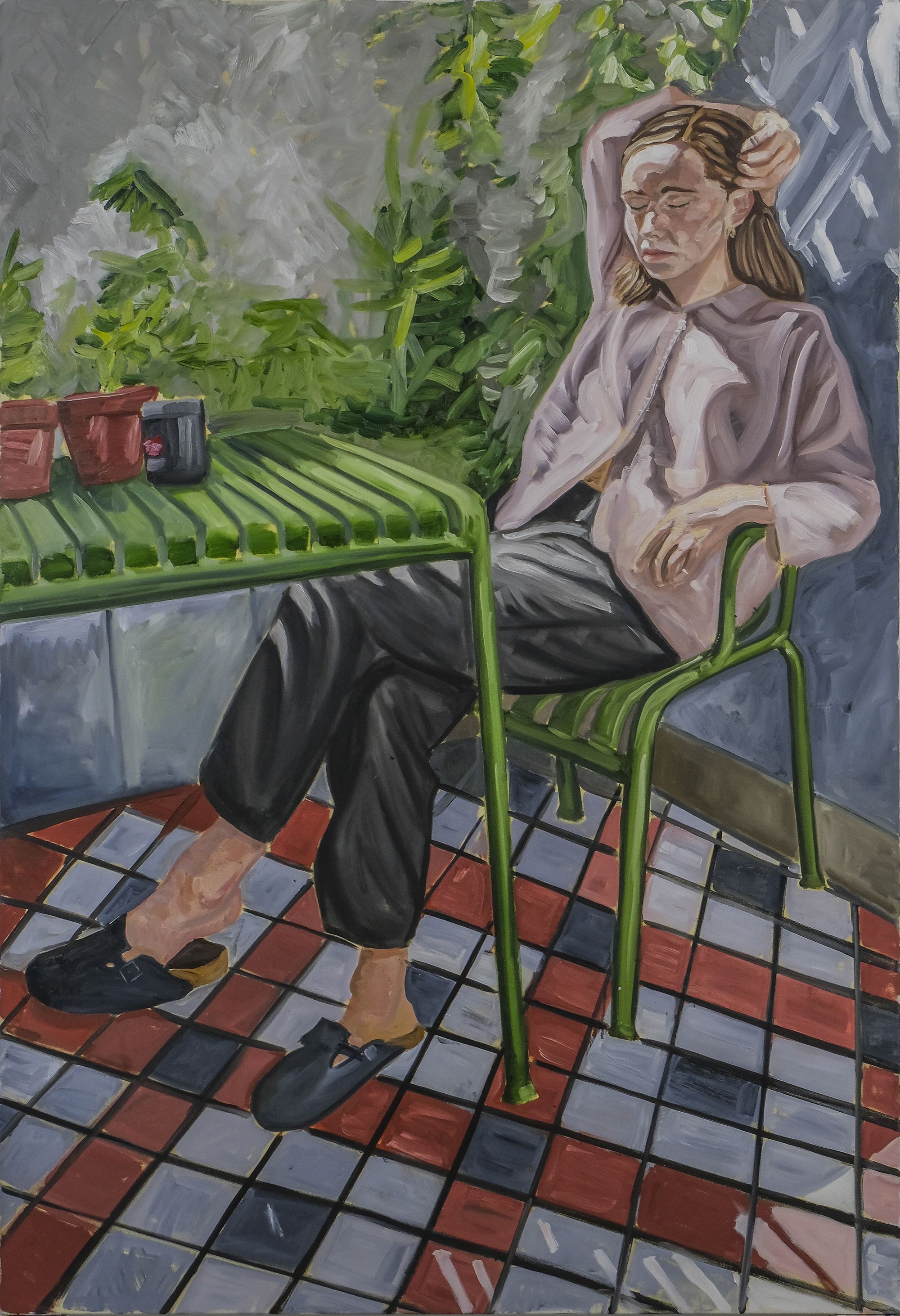 Painted portrait of a women sat outside on a green chair at a table. In a garden setting, surrounded by plants. The women’s eyes are closed, she is lifting her hand up to touch her blonde hair. 