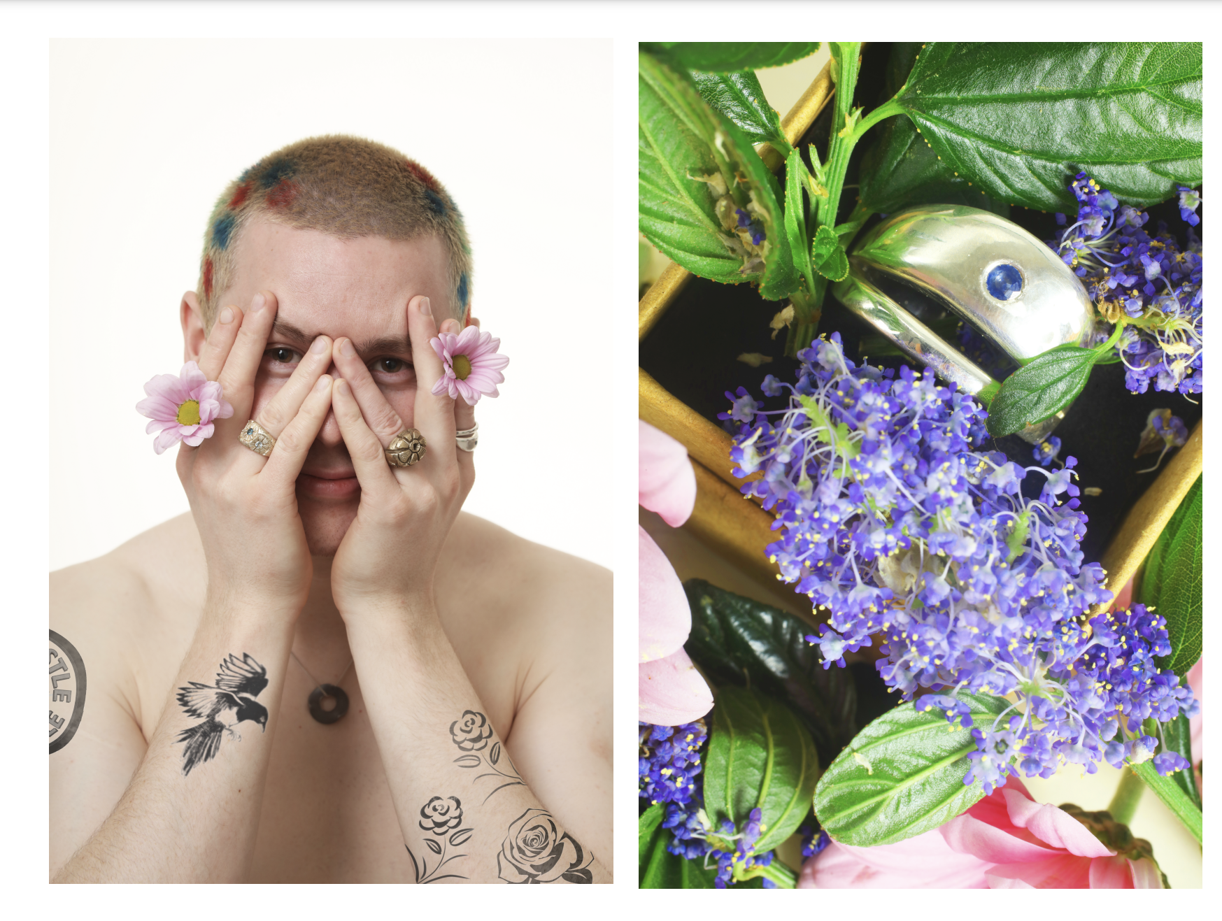 Two images, on the left, an image of Eliot, topless with tattoos. He is holding his hands against his face and looking through the gaps between his fingers. On each hand he is wearing one gold ring and one large pink flower. On the right, a gold ring with a blue gemstone is sat amidst purple flowers and green leaves. 