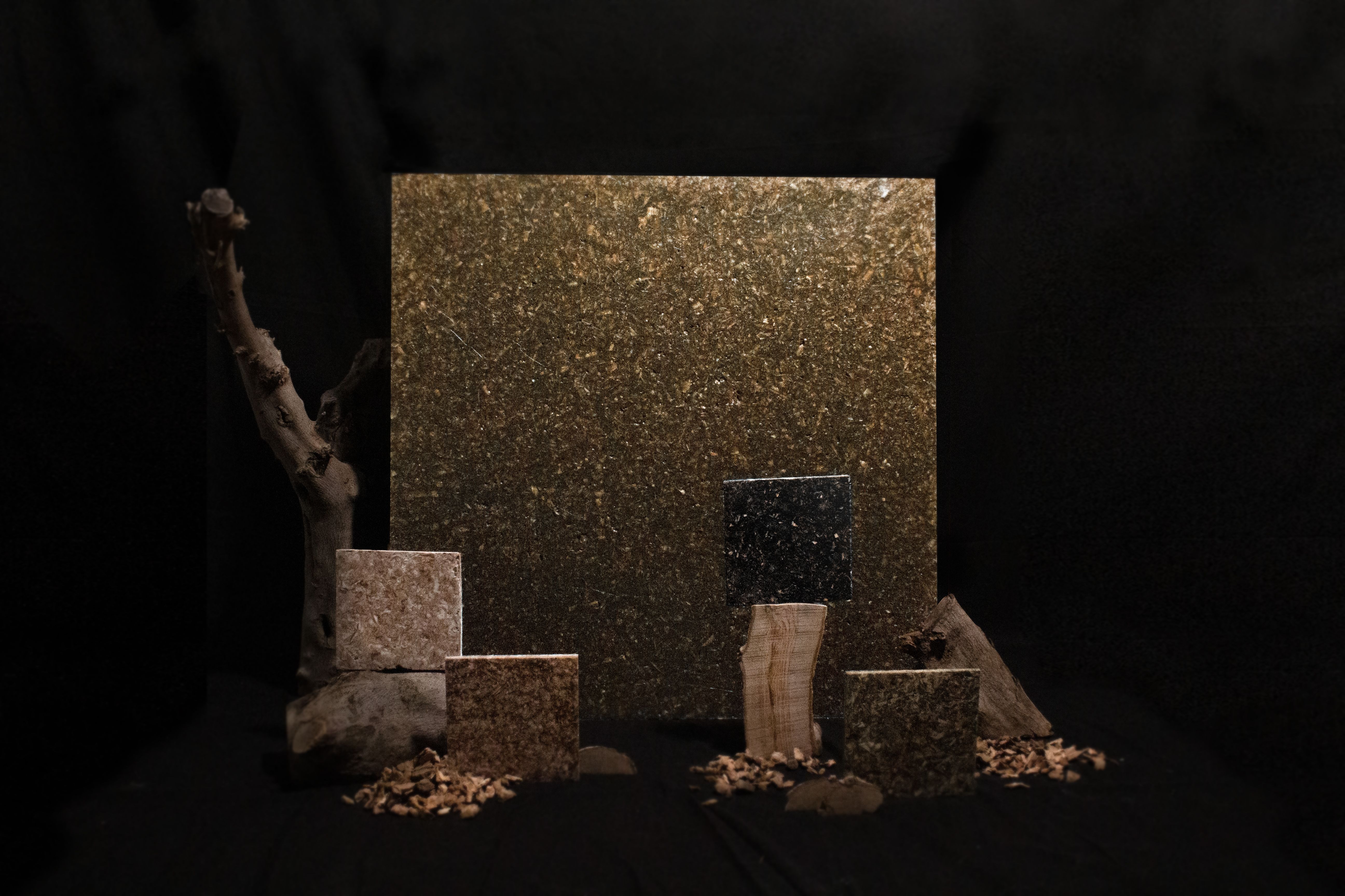 Chopped wood blocks and squares of cork arranged next to a tree again a black background