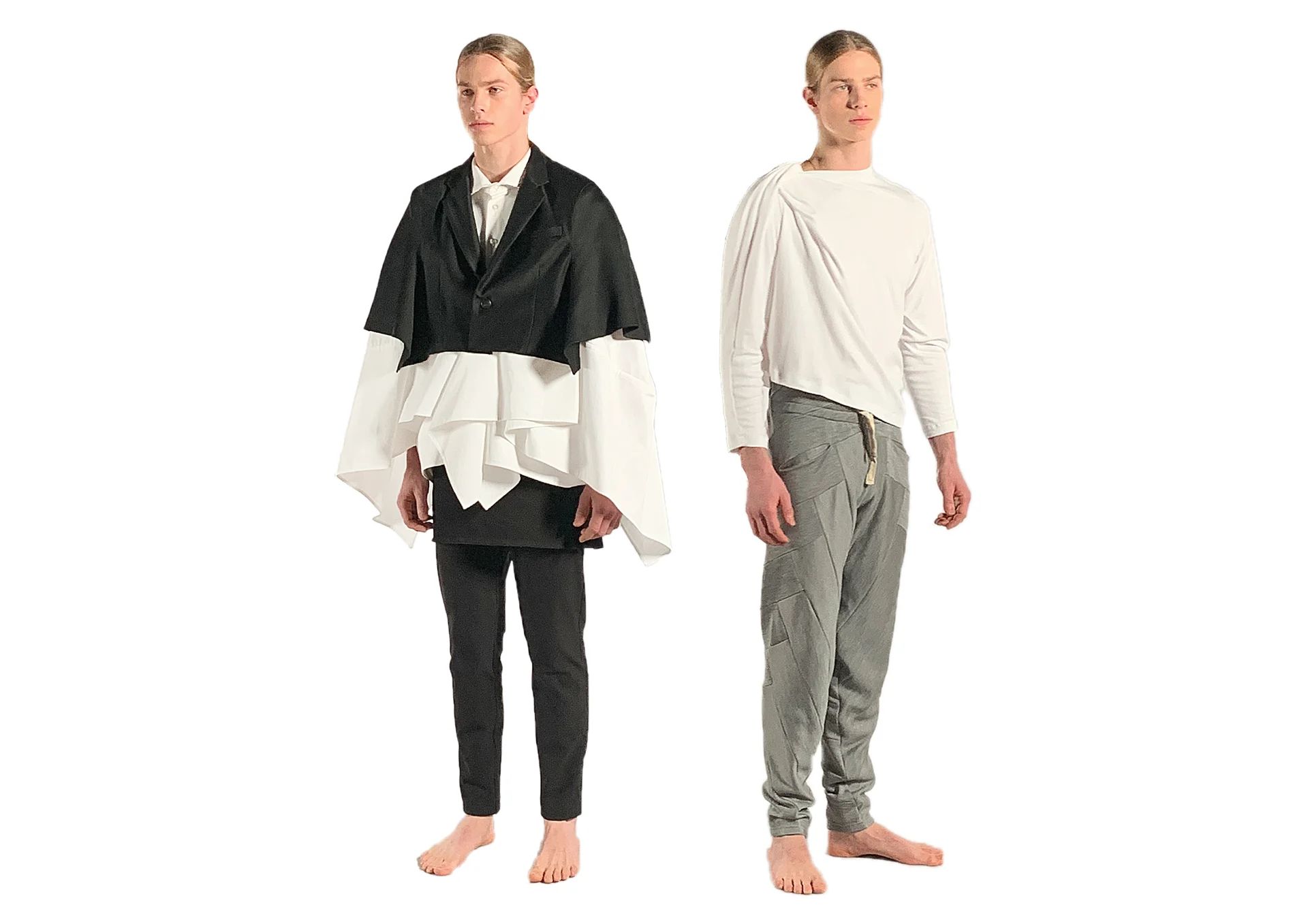 two models posed in neutral colour layered garments
