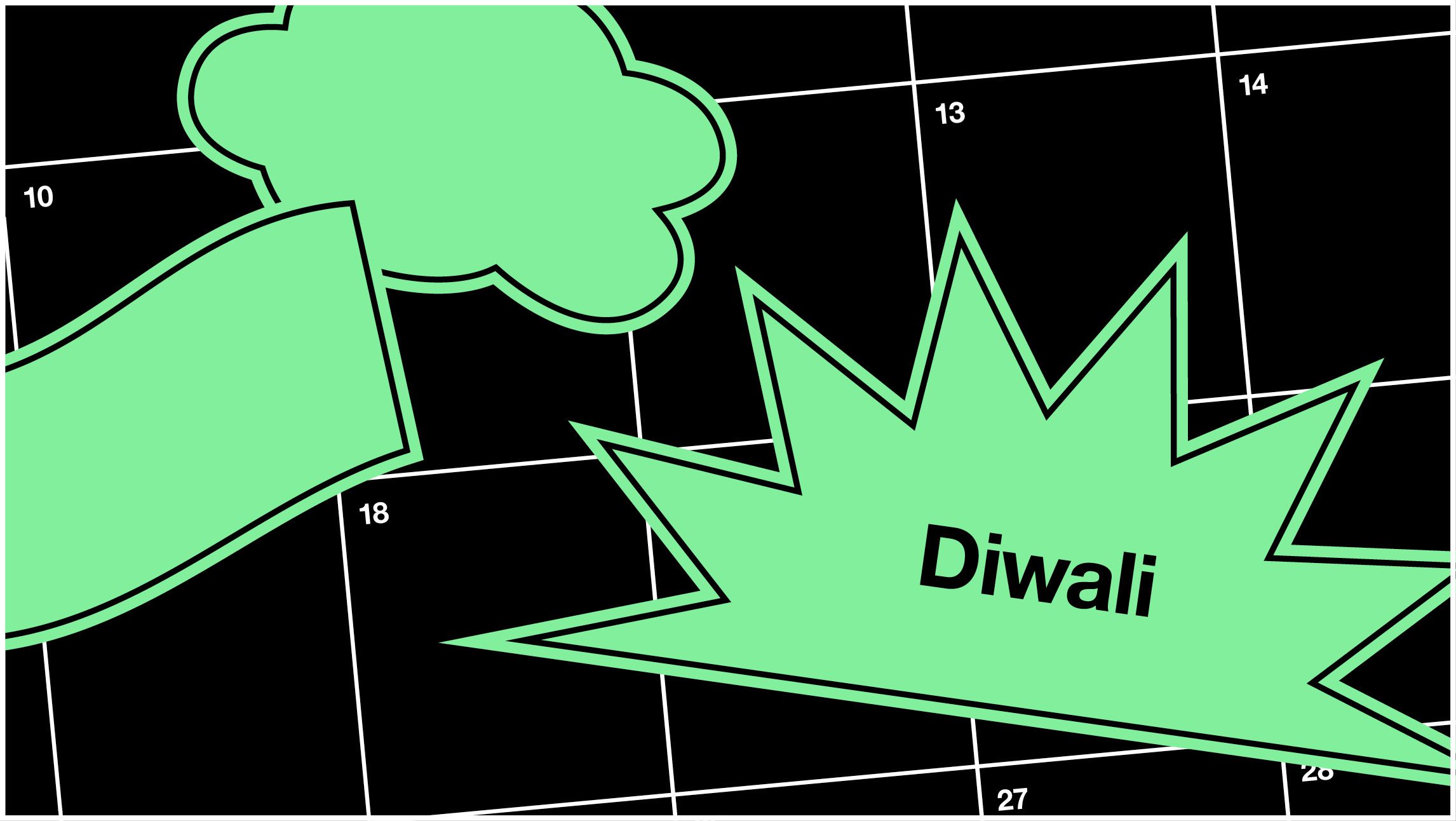 A calendar with a shape over 20 October that reads 'Diwali'