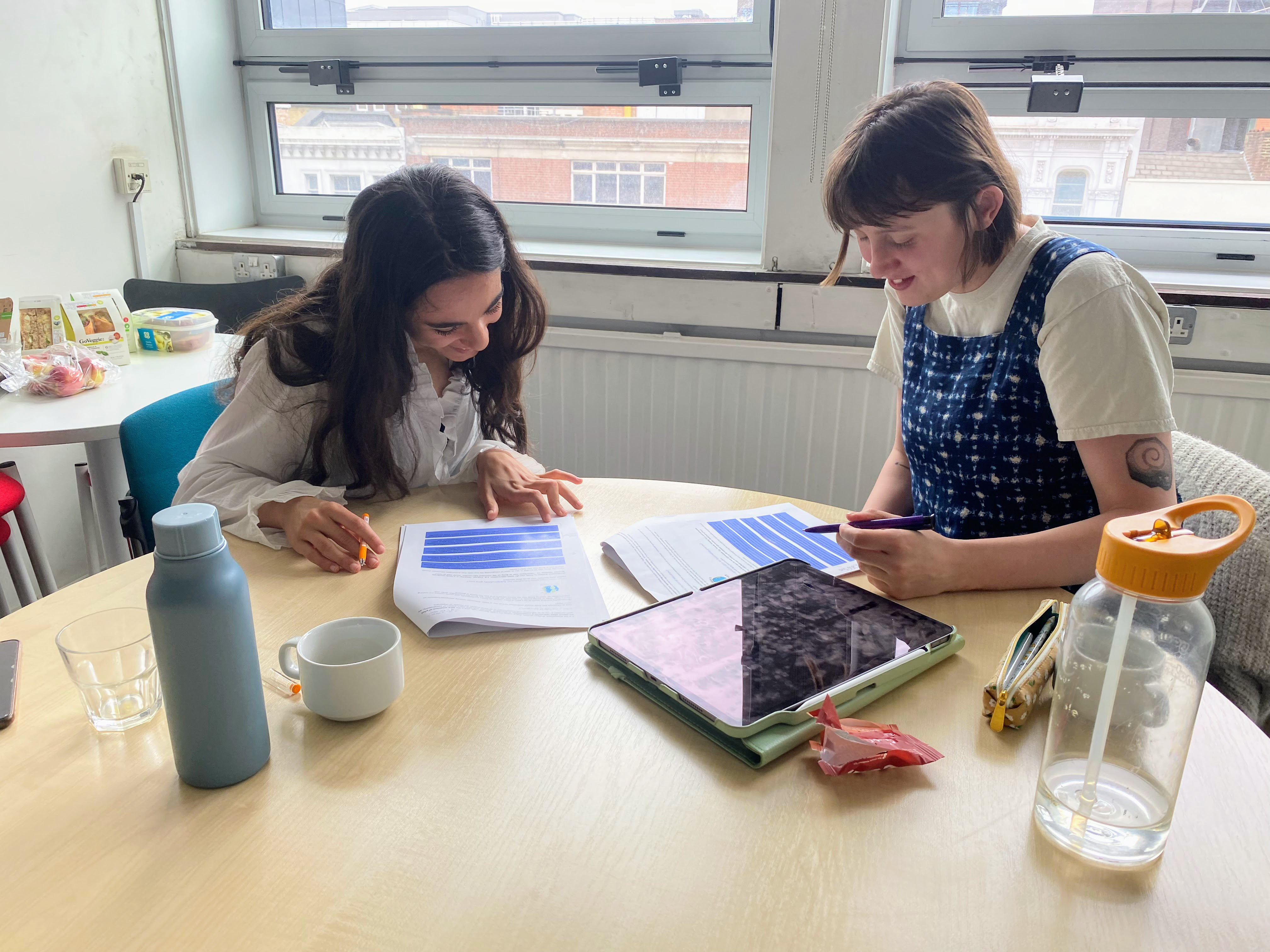 Two people sitting at a desk working on the project's framework.
