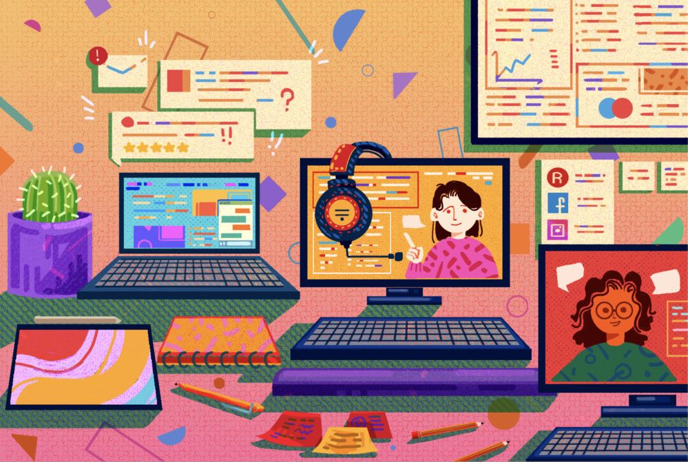 Colourful illustration of a digital workspace with several screens