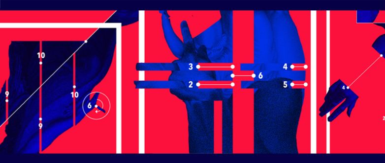 Animation still made up of abstracted shapes - blue body-like shapes, a block red background, white lines and different numbers.