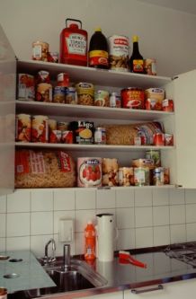 kitchen cupbard with retro tins and packets