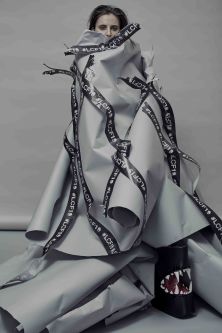 A model is wrapped by branded LCF19 parcel tape.