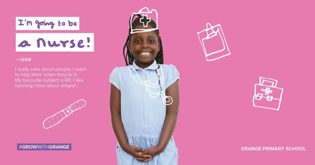 Promotional poster for Grange Primary School, showing a child dressed as a nurse, with the text 