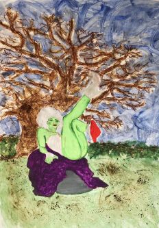 Painting of drag queen in nature under a tree