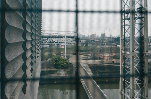 View of London Stadium from inside LCF's new building on East Bank, Queen Elizabeth Olympic Park in Stratford. Photography by Ana Blumenkron.