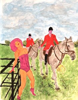 Painting of drag queen in nature with a pony