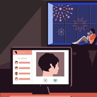 Illustration of woman with dark hair watching fireworks out of the window with computer screen on displaying her online dating profile