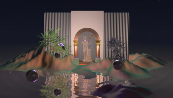 Image of fantasy resort with greek like figures in the middle of two pillars amongst jungle.
