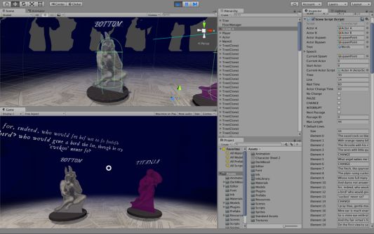 A screenshot of software used to build a game. Part of the screen is split into two animations - figurines in a purple landscape. The other part of the screen shows the programming options. 