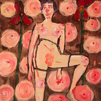 Illustration painting of a naked woman with her leg up