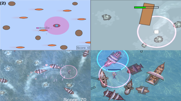 4 images showing the development from paper to digital. the work shows a series of battle ships with coloured rings around the characters ships.