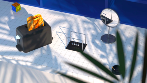 Image of a table from behind a plant leaf with toaster, rubix cube, mirror and desk ornament. 
