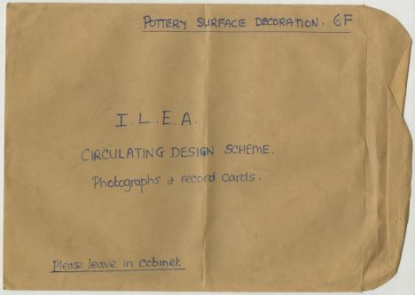 Envelope containing photo, record card and documentation for a ‘Pottery Surface Decoration’ display (front). ILEA Collection IA_P6F1_D2.]