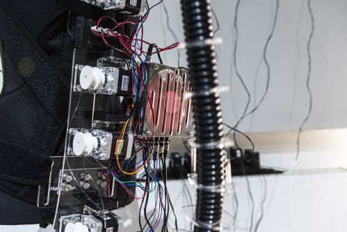 A sound art piece showing wires and tubes.