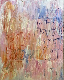 Abstract painting with Farsi writing on it.