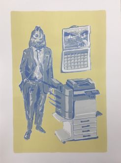 Mr. Fish stands next to a printer