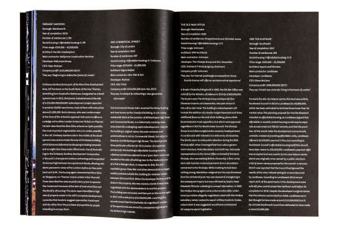 Open pages of Metropole book showing white text on black paper, describing London property development.