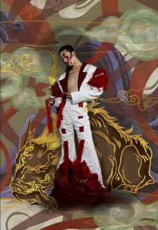 Male model in a white suit with red inserts with a psychedelic background
