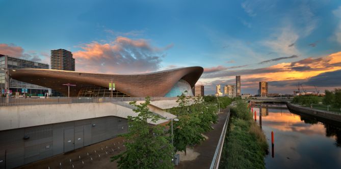 sunset and panoramic view of London Aquatics Center
