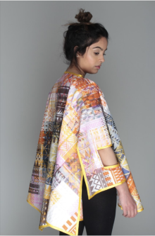Woman wearing aztec patterned multi-coloured kimono