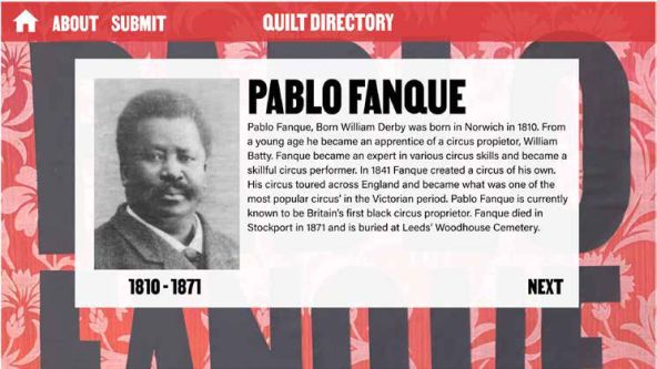 Screen grab of portrait of Pablo Fanque with biographical text