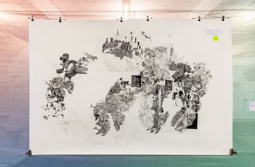 An intricate and large scale, detail drawing  exploring nature vs the destruction of the planet