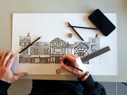 Pencil drawing of a row of houses