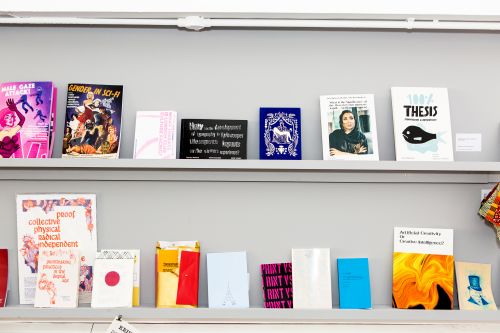 A selection of publications displayed on two shelves.