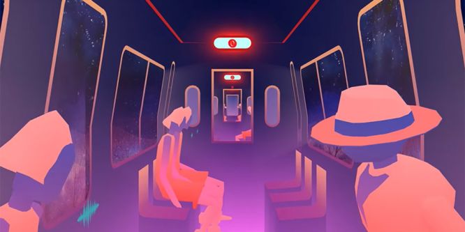 Colourful animation showing the view from inside a vehicle, onto a mountainous landscape.