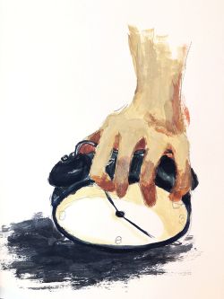 Painting of a hand holding a clock.