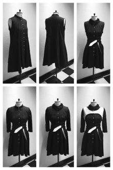 Six images of black shirt dress on mannequin in black and whtie