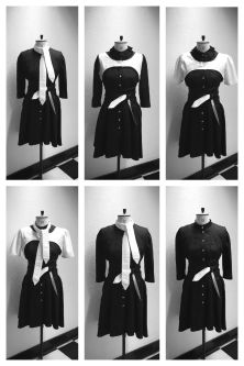 Six images of black shirt dress on mannequin in black and whtie