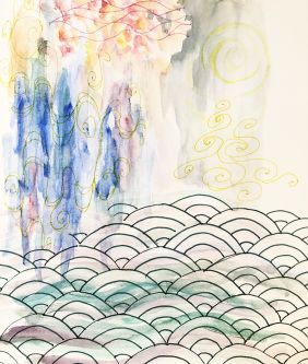 Mixed media, water colour and pattern line drawing.