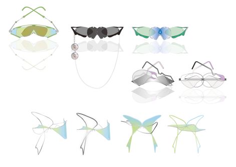 illustrations of nine eyewear accessories in shades of blue, green and black.