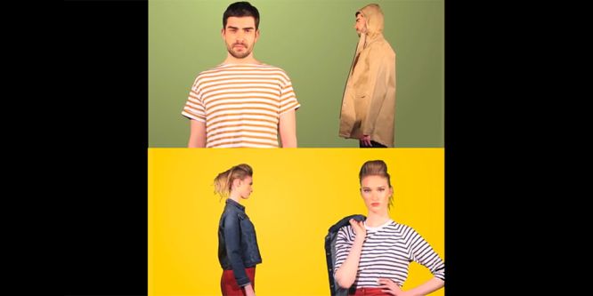 square image cut in half. Top half is of man facing the camera on the left hand side wearing white and red striped top. On the right hand side is side image of man wearing brown coat with hood up. Bottom half is of woman's side while wearing denim jacket and red trousers. Right hand side is of woman facing camera with striped blue and white top with denim jacket over shoulder.