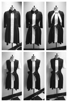 Six images of black shirt dress on mannequin in black and whtie