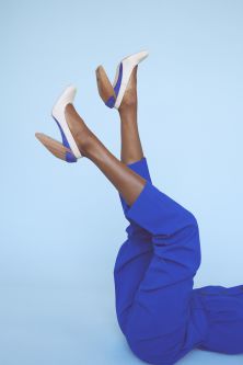 Colbalt blue trousers worn with high heels